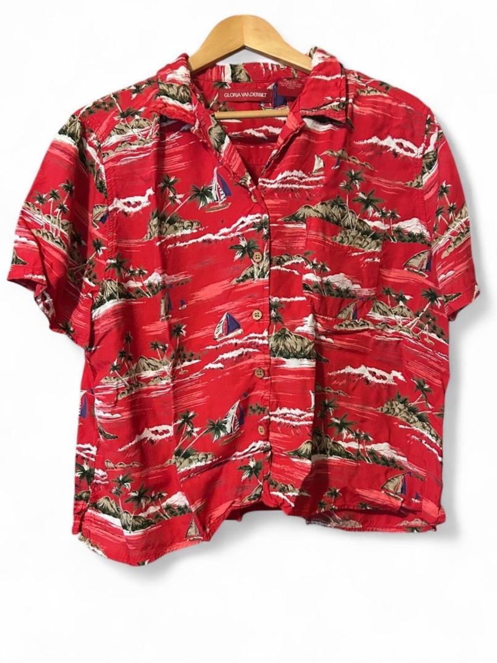 Gloria Vanderbilt Red Tropical Print Short Sleeve Button-Down Shirt